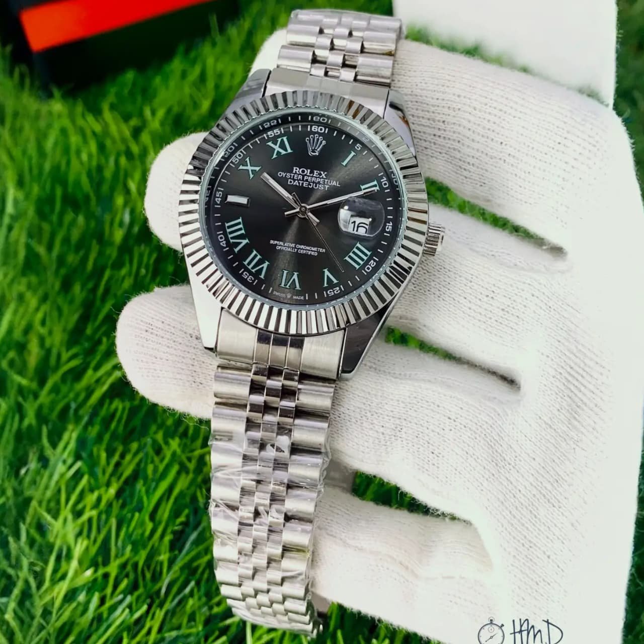 Premium Datejust Style Green Roman Watch | Black Sunburst Dial | Stainless Steel | Date Display | For Men